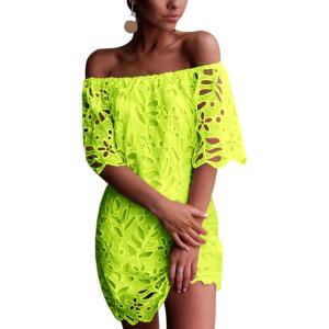 imagePRETTYGARDEN Womens Summer Off Shoulder Vintage Floral Lace Flare Short Sleeve Loose Elegant Mini DressFluorescent Green
