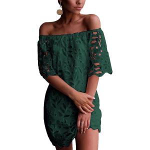imagePRETTYGARDEN Womens Summer Off Shoulder Vintage Floral Lace Flare Short Sleeve Loose Elegant Mini DressGreen