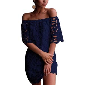 imagePRETTYGARDEN Womens Summer Off Shoulder Vintage Floral Lace Flare Short Sleeve Loose Elegant Mini DressNavy