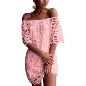 imagePRETTYGARDEN Womens Summer Off Shoulder Vintage Floral Lace Flare Short Sleeve Loose Elegant Mini DressPink
