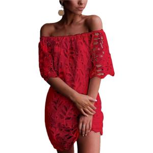 imagePRETTYGARDEN Womens Summer Off Shoulder Vintage Floral Lace Flare Short Sleeve Loose Elegant Mini DressRed
