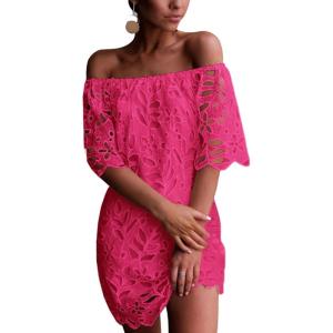 imagePRETTYGARDEN Womens Summer Off Shoulder Vintage Floral Lace Flare Short Sleeve Loose Elegant Mini DressRose Red