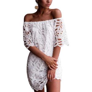 imagePRETTYGARDEN Womens Summer Off Shoulder Vintage Floral Lace Flare Short Sleeve Loose Elegant Mini DressWhite