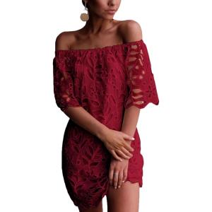 imagePRETTYGARDEN Womens Summer Off Shoulder Vintage Floral Lace Flare Short Sleeve Loose Elegant Mini DressWine Red