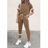 imagePRETTYGARDEN Women Summer Two Piece Outfits Striped Short Sleeve Pullover and Long Pants Tracksuit Travel Pajama Lounge SetKhaki