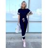 imagePRETTYGARDEN Women Summer Two Piece Outfits Striped Short Sleeve Pullover and Long Pants Tracksuit Travel Pajama Lounge SetNavy
