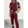 imagePRETTYGARDEN Women Summer Two Piece Outfits Striped Short Sleeve Pullover and Long Pants Tracksuit Travel Pajama Lounge SetWine Red