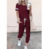 imagePRETTYGARDEN Women Summer Two Piece Outfits Striped Short Sleeve Pullover and Long Pants Tracksuit Travel Pajama Lounge SetWine Red
