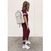 imagePRETTYGARDEN Women Summer Two Piece Outfits Striped Short Sleeve Pullover and Long Pants Tracksuit Travel Pajama Lounge SetWine Red