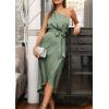 imagePRETTYGARDEN Womens 2024 Summer Ruched Bodycon Dress Sleeveless One Shoulder Wrap Satin Belted Cocktail Midi DressArmy Green