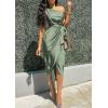 imagePRETTYGARDEN Womens 2024 Summer Ruched Bodycon Dress Sleeveless One Shoulder Wrap Satin Belted Cocktail Midi DressArmy Green