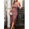 imagePRETTYGARDEN Womens 2024 Summer Ruched Bodycon Dress Sleeveless One Shoulder Wrap Satin Belted Cocktail Midi DressBrown Red
