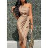 imagePRETTYGARDEN Womens 2024 Summer Ruched Bodycon Dress Sleeveless One Shoulder Wrap Satin Belted Cocktail Midi DressCamel