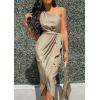 imagePRETTYGARDEN Womens 2024 Summer Ruched Bodycon Dress Sleeveless One Shoulder Wrap Satin Belted Cocktail Midi DressDark Apricot