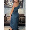 imagePRETTYGARDEN Womens 2024 Summer Ruched Bodycon Dress Sleeveless One Shoulder Wrap Satin Belted Cocktail Midi DressDark Blue