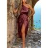 imagePRETTYGARDEN Womens 2024 Summer Ruched Bodycon Dress Sleeveless One Shoulder Wrap Satin Belted Cocktail Midi DressDark Brown Red