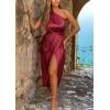 imagePRETTYGARDEN Womens 2024 Summer Ruched Bodycon Dress Sleeveless One Shoulder Wrap Satin Belted Cocktail Midi DressDark Red