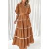 imagePRETTYGARDEN Womens Summer Button Down Shirt Dress Short Puffy Sleeve Tiered Ruffle Flowy Long Maxi DressesBrown