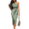 imagePRETTYGARDEN Womens 2024 Summer Ruched Bodycon Dress Sleeveless One Shoulder Wrap Satin Belted Cocktail Midi DressArmy Green