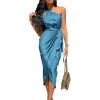 imagePRETTYGARDEN Womens 2024 Summer Ruched Bodycon Dress Sleeveless One Shoulder Wrap Satin Belted Cocktail Midi DressBlue