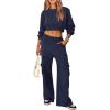 imagePRETTYGARDEN Womens Fall 2 Piece Outfits Sweatsuits Sets Long Sleeve Crop Tops Sweatshirt Wide Leg Cargo Pants with PocketsNavy