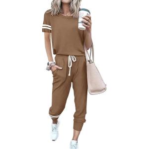 imagePRETTYGARDEN Women Summer Two Piece Outfits Striped Short Sleeve Pullover and Long Pants Tracksuit Travel Pajama Lounge SetKhaki