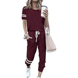 imagePRETTYGARDEN Women Summer Two Piece Outfits Striped Short Sleeve Pullover and Long Pants Tracksuit Travel Pajama Lounge SetWine Red