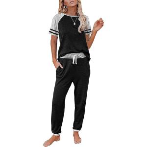 imagePRETTYGARDEN Women Summer Two Piece Outfits Striped Short Sleeve Pullover and Long Pants Tracksuit Travel Pajama Lounge SetZblack