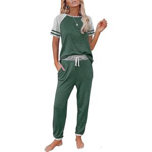 imagePRETTYGARDEN Women Summer Two Piece Outfits Striped Short Sleeve Pullover and Long Pants Tracksuit Travel Pajama Lounge SetZdark Green
