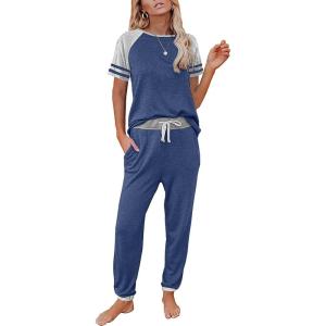 imagePRETTYGARDEN Women Summer Two Piece Outfits Striped Short Sleeve Pullover and Long Pants Tracksuit Travel Pajama Lounge SetZgrey Blue