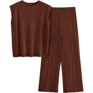 imagePRETTYGARDEN Womens 2 Piece Outfits Knit Loungewear High Low Pullover Tops and Wide Leg Pants Casual Sweater Sets TracksuitsCoffee