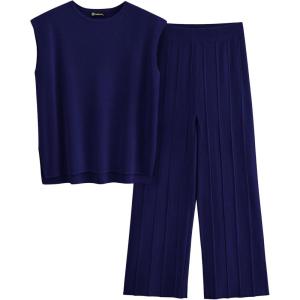 imagePRETTYGARDEN Womens 2 Piece Outfits Knit Loungewear High Low Pullover Tops and Wide Leg Pants Casual Sweater Sets TracksuitsDark Blue