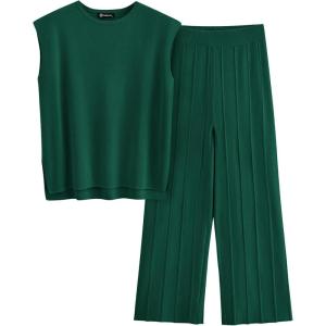 imagePRETTYGARDEN Womens 2 Piece Outfits Knit Loungewear High Low Pullover Tops and Wide Leg Pants Casual Sweater Sets TracksuitsDark Green
