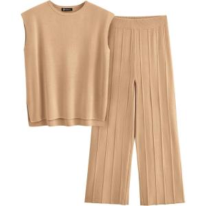 imagePRETTYGARDEN Womens 2 Piece Outfits Knit Loungewear High Low Pullover Tops and Wide Leg Pants Casual Sweater Sets TracksuitsLight Camel