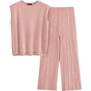 imagePRETTYGARDEN Womens 2 Piece Outfits Knit Loungewear High Low Pullover Tops and Wide Leg Pants Casual Sweater Sets TracksuitsLight Pink