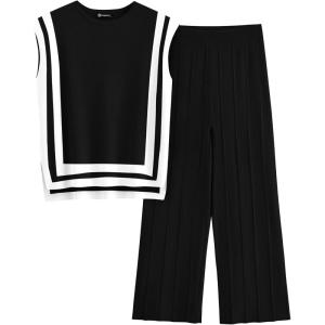 imagePRETTYGARDEN Womens 2 Piece Outfits Knit Loungewear High Low Pullover Tops and Wide Leg Pants Casual Sweater Sets TracksuitsStriped Black White