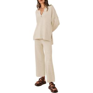 imagePRETTYGARDEN Womens 2 Piece Tracksuit Outfits 2024 Fall Knit Sweater And Wide Leg Pants Sweatsuit Lounge SetsBeige