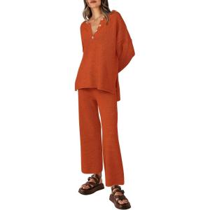 imagePRETTYGARDEN Womens 2 Piece Tracksuit Outfits 2024 Fall Knit Sweater And Wide Leg Pants Sweatsuit Lounge SetsCaramel