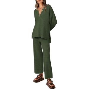 imagePRETTYGARDEN Womens 2 Piece Tracksuit Outfits 2024 Fall Knit Sweater And Wide Leg Pants Sweatsuit Lounge SetsDark Army Green
