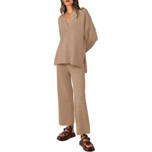 imagePRETTYGARDEN Womens 2 Piece Tracksuit Outfits 2024 Fall Knit Sweater And Wide Leg Pants Sweatsuit Lounge SetsKhaki