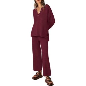 imagePRETTYGARDEN Womens 2 Piece Tracksuit Outfits 2024 Fall Knit Sweater And Wide Leg Pants Sweatsuit Lounge SetsWine Red