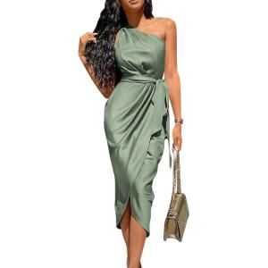 imagePRETTYGARDEN Womens 2024 Summer Ruched Bodycon Dress Sleeveless One Shoulder Wrap Satin Belted Cocktail Midi DressArmy Green