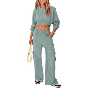 imagePRETTYGARDEN Womens Fall 2 Piece Outfits Sweatsuits Sets Long Sleeve Crop Tops Sweatshirt Wide Leg Cargo Pants with PocketsBean Green