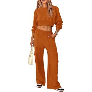 imagePRETTYGARDEN Womens Fall 2 Piece Outfits Sweatsuits Sets Long Sleeve Crop Tops Sweatshirt Wide Leg Cargo Pants with PocketsBrown