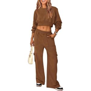 imagePRETTYGARDEN Womens Fall 2 Piece Outfits Sweatsuits Sets Long Sleeve Crop Tops Sweatshirt Wide Leg Cargo Pants with PocketsDark Coffee