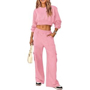 imagePRETTYGARDEN Womens Fall 2 Piece Outfits Sweatsuits Sets Long Sleeve Crop Tops Sweatshirt Wide Leg Cargo Pants with PocketsLight Pink