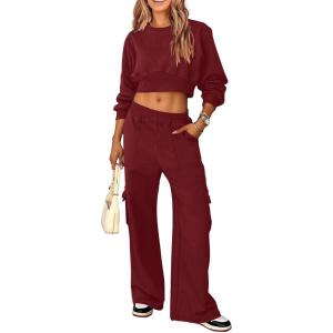 imagePRETTYGARDEN Womens Fall 2 Piece Outfits Sweatsuits Sets Long Sleeve Crop Tops Sweatshirt Wide Leg Cargo Pants with PocketsWine Red