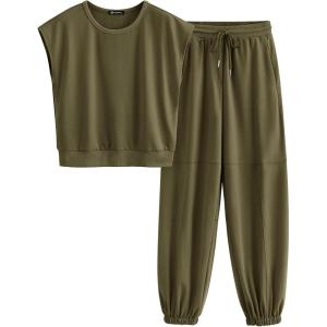 imagePRETTYGARDEN Womens Summer 2 Piece Tracksuit Outfit Casual Cap Sleeve Tops High Waist Pants Set LoungewearArmy Green