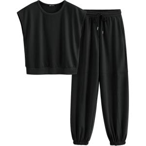 imagePRETTYGARDEN Womens Summer 2 Piece Tracksuit Outfit Casual Cap Sleeve Tops High Waist Pants Set LoungewearBlack