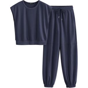 imagePRETTYGARDEN Womens Summer 2 Piece Tracksuit Outfit Casual Cap Sleeve Tops High Waist Pants Set LoungewearDark Blue